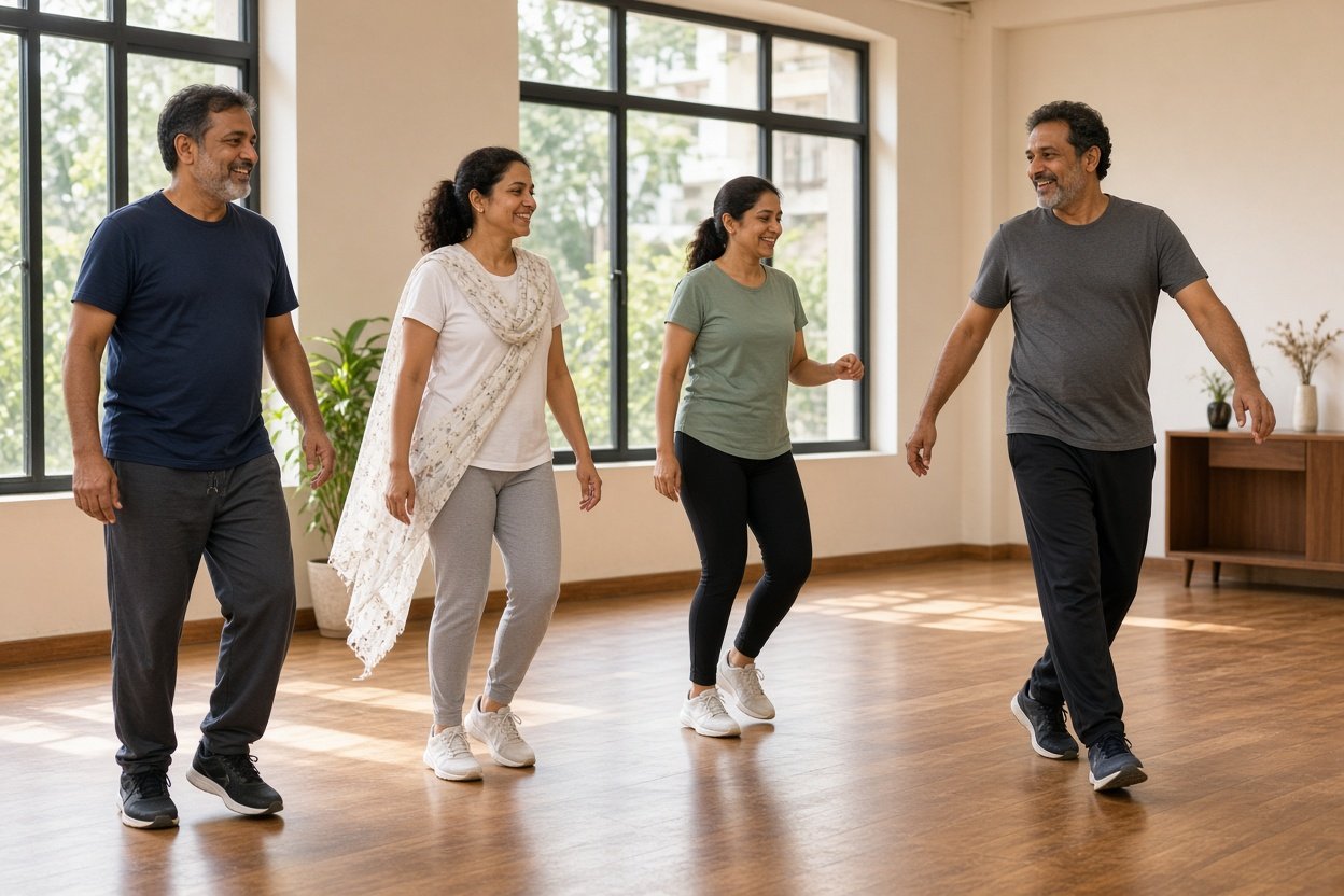 Adults learning simple dance steps in a studio while an instructor demonstrates
