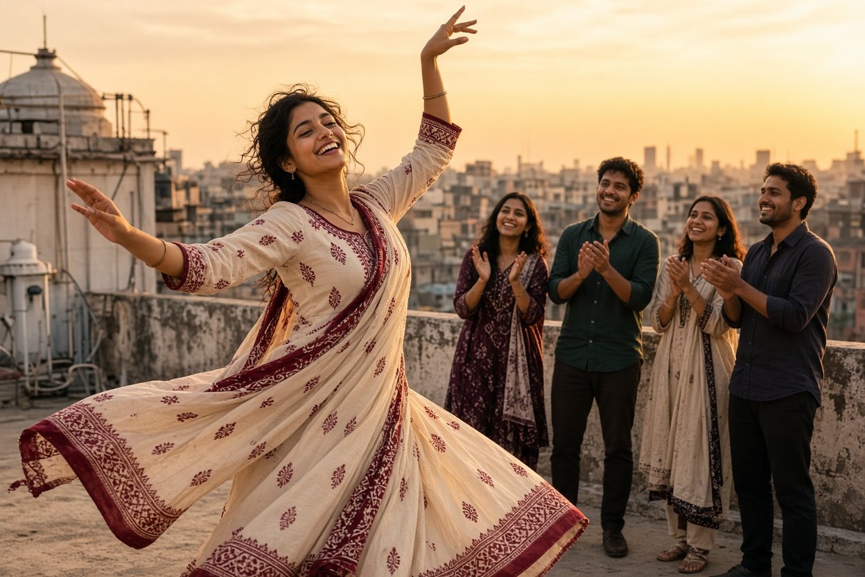 Young Indian woman dancing freely at golden hour with friends watching