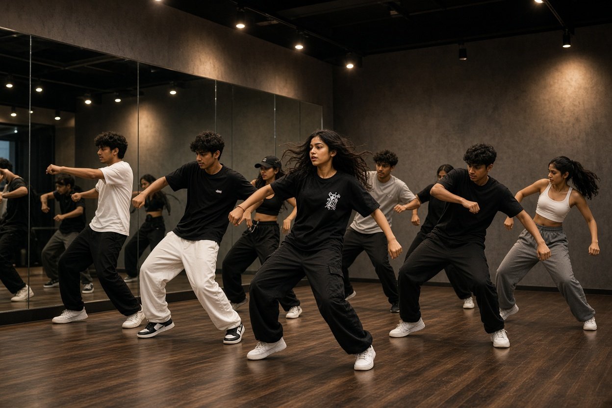 Young Indian dancers performing hip hop moves in a modern studio